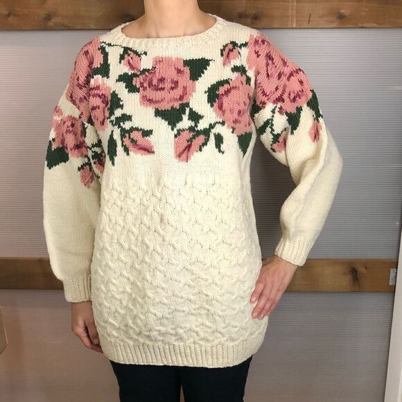 HANDMADE Wool Blend Cream Fisherman Crewneck Cable Knit Sweater Floral Sz M/L/XL - Picture 6 of 6